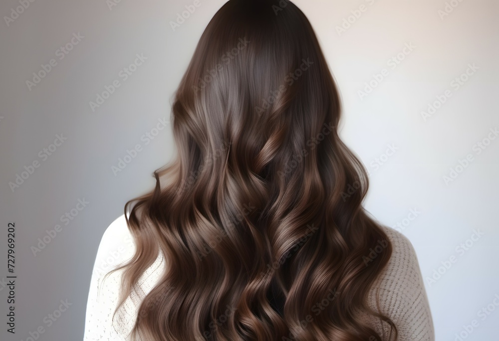 Fototapeta premium Rear view of a woman with long shiny brown hair on white background