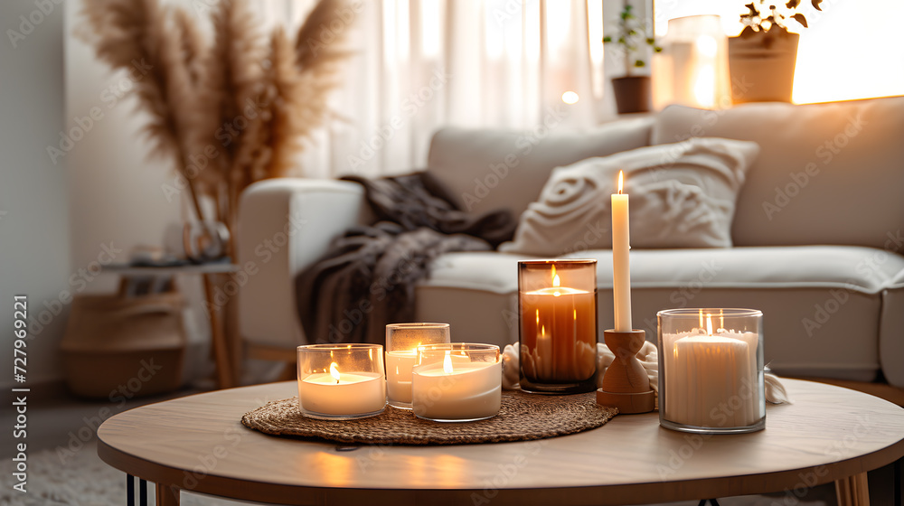 Fototapeta premium Boho Chic Elegance: A Cozy Candlelit Living Room. generative ai