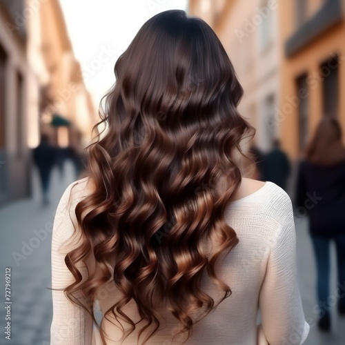Rear view of a woman with long wavy brunette hair