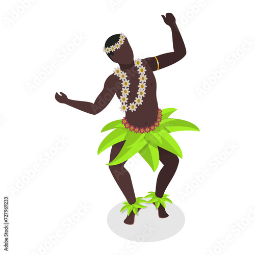 3D Isometric Flat Vector Set of Hawaiian Dancers, Characters in Polynesian Costume. Item 5