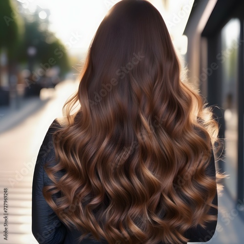 Woman with beautiful hair with long curly waves on the street