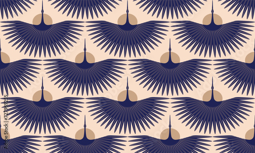 Abstract minimalist seamless pattern, print with flying storks, cranes, sun and sun rays. Spread Wings. Vector illustration EPS10