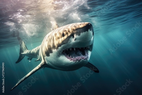 Witness the awe-inspiring sight of a great white shark as it gracefully navigates the vast expanse of the ocean  Underwater view of a great white shark  AI Generated