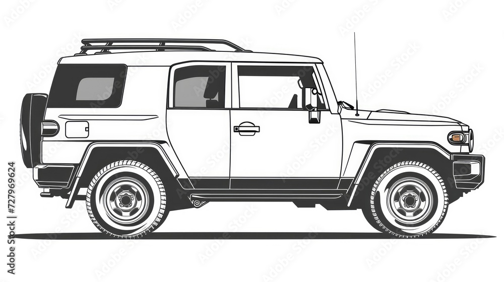 Black and White Outline of an Car with Two Spare Tires on the Back Doors and Square LED Lights, Presented in a Side View on a White Background.