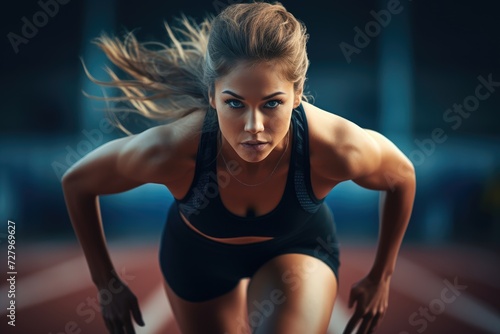 A woman running on a race track, showcasing her athletic skills and commitment to leading a healthy, active lifestyle, Woman sprinter leaving starting blocks on the athletic track, AI Generated