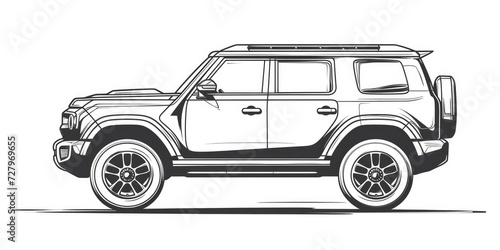 Black and White Outline of an Car with Two Spare Tires on the Back Doors and Square LED Lights, Presented in a Side View on a White Background. photo