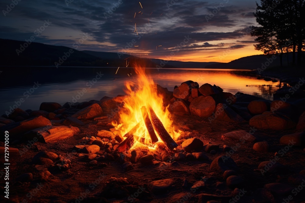 Obraz premium A campfire burns brightly as darkness falls, casting a warm glow by the waters edge, Wonderful evening atmospheric background of campfire, AI Generated