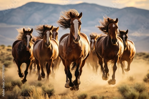 A dynamic image capturing the powerful movement of a herd of horses as they gallop across a dry grass field, Wild, galloping horses in the American West, AI Generated © Iftikhar alam