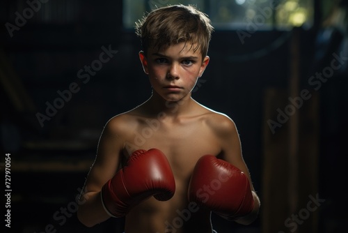 A photo of a confident shirtless boy wearing red boxing gloves, ready for a match, Young Boxer boxing, AI Generated