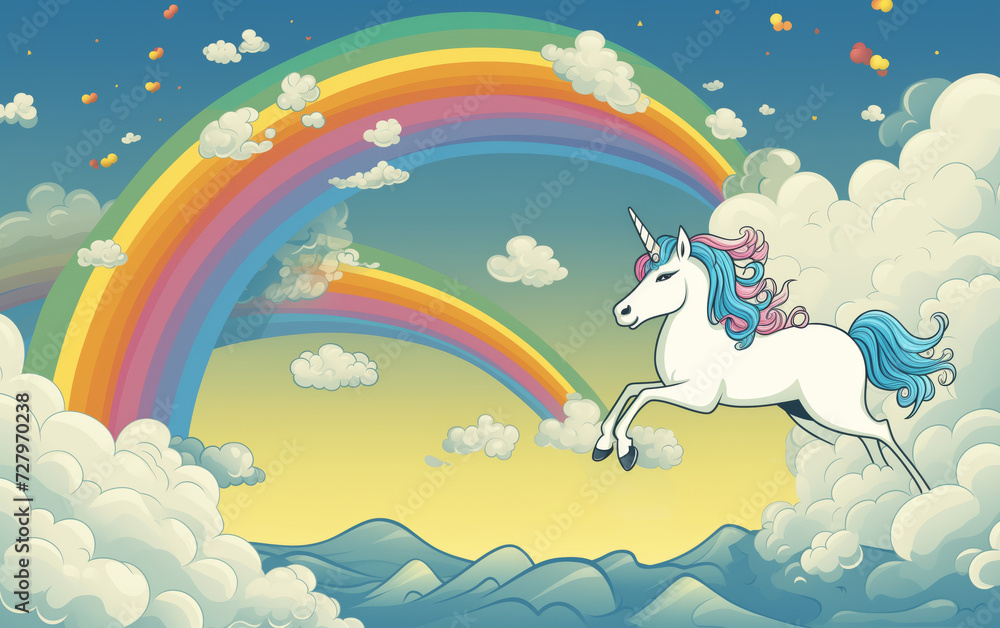 Naklejka premium unicorn runs through the clouds past the rainbow 