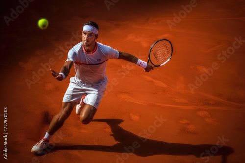 A male tennis player displaying electrifying movement and technique while engaged in intense gameplay on a court, Young man engaged in the tennis service during a match, AI Generated © Iftikhar alam