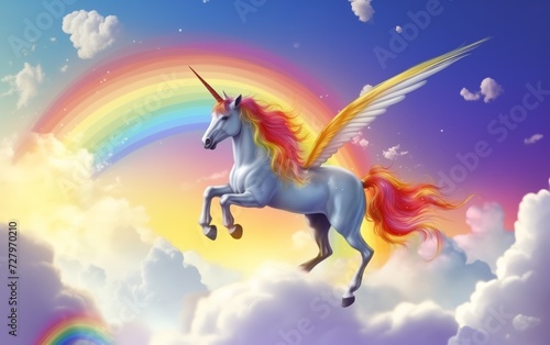 unicorn runs through the clouds past the rainbow 