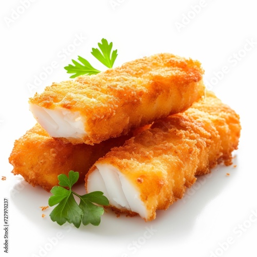Fish fingers sticks isolated on white background. With clipping path. Ai created.