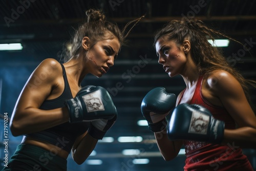 Two young women engaged in a boxing session, training and practicing their boxing skills in a gym, Young woman boxing training with her female sparring partner, AI Generated