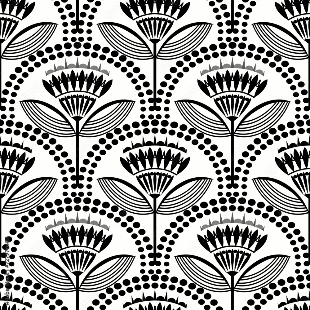 abstract flower seamless pattern in black and white colors floral motif traditional art deco fan pattern for fabric home wear carpets background surface design packaging vector illustration