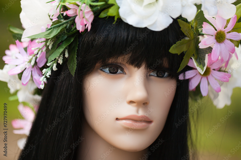 Plastic woman mannequin with long black hair wearing a flower wreath outside in a blurry trees background