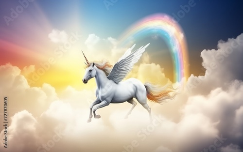 unicorn runs through the clouds past the rainbow 