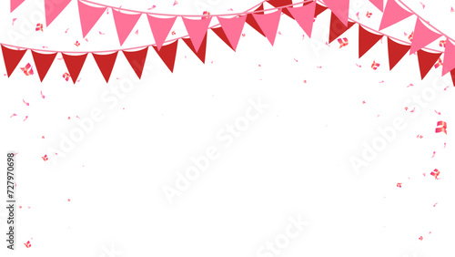 Banner Happy Valentine day paper flags hanging and pink confetti vector illustration