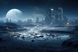 An image showcasing a sprawling city of the future, illuminated by vibrant lights under a massive moon, Lunar surface with a futuristic business complex, AI Generated