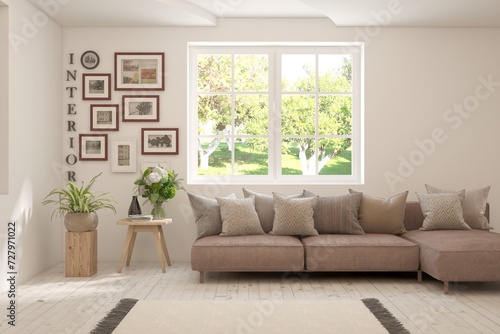 Contemporary classic white interior with furniture and decor and summer landscape in window. Scandinavian interior design. 3D illustration