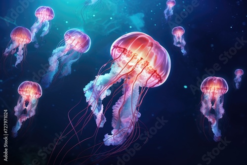 A mesmerizing sight of a large number of jellyfish gracefully floating in the pristine ocean waters, Luminous jellyfish tentacles against a deep sea background, AI Generated