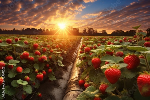 A stunning sunset casts a warm golden glow over a lush field of ripe strawberries, Lush organic strawberry field with the sun low in the sky, AI Generated
