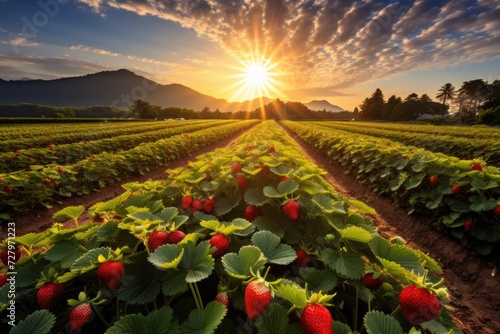 Capture the breathtaking beauty of a field of strawberries illuminated by a radiant sunset, Lush organic strawberry field with the sun low in the sky, AI Generated