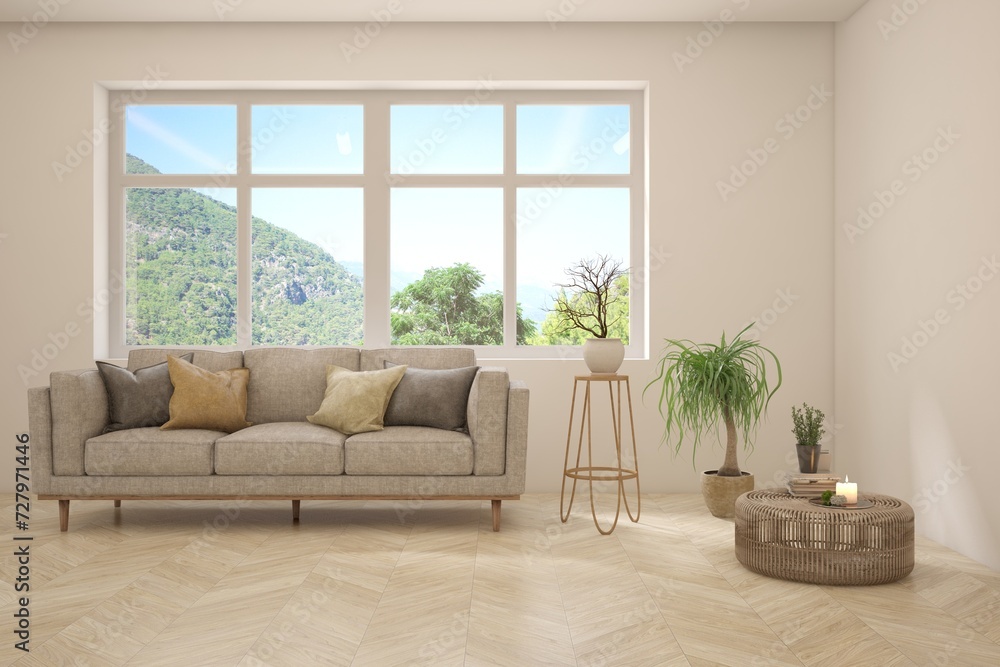 Fototapeta premium White living room with sofa and summer landscape in window. Scandinavian interior design. 3D illustration