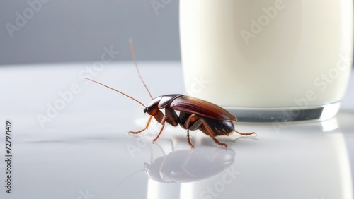 A cockroach is on the table next to a glass of milk.