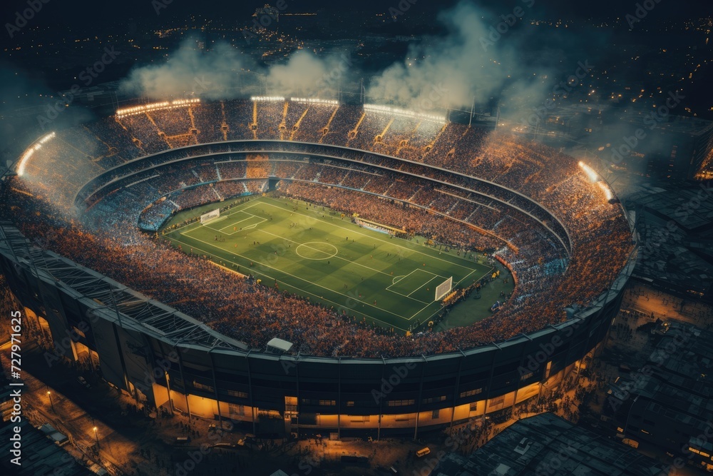 Aerial View of Soccer Stadium at Night, Illuminated Field With Fans and Bright Lights, Majestic aerial view of a football stadium packed with fans, AI Generated