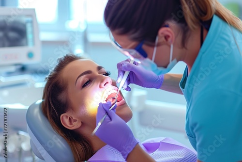 Dentist working at patients teeth in dental medical clinic photo