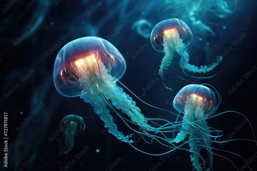 A mesmerizing sight of a group of jellyfish floating and pulsating in the open sea, Luminous jellyfish tentacles against a deep sea background, AI Generated