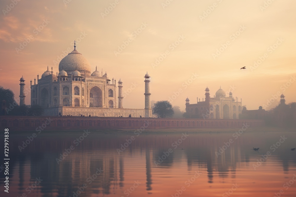 Fototapeta premium A stunning large white building stands gracefully beside a shimmering body of water, Majestic Taj Mahal on a foggy morning, AI Generated