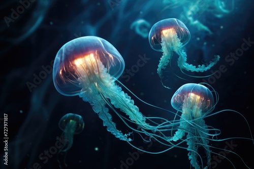 A mesmerizing sight of a group of jellyfish floating and pulsating in the open sea, Luminous jellyfish tentacles against a deep sea background, AI Generated © Iftikhar alam