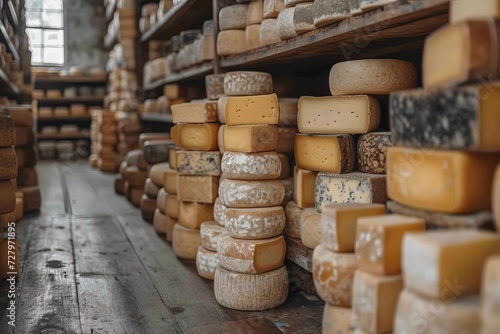 A tower of artisanal cheeses, from aged parmigiano reggiano to creamy toma, proudly displayed on indoor shelves, representing the diverse and flavorful world of cheesemaking