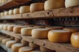 A rustic wooden shelf holds a variety of mouth-watering round cheeses, including tangy parmigianoreggiano, creamy toma, and savory provolone, evoking feelings of indulgence and comfort in this indoor