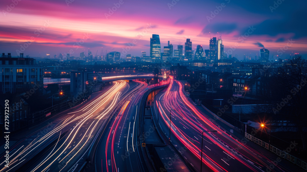 Fototapeta premium Dusk Delight: Traffic Trails and Urban Tranquility