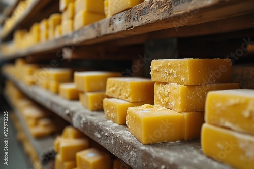 An assortment of aged and processed cheeses, ranging from sharp cheddar to pungent limburger, sit on a yellow shelf, showcasing the diverse and rich world of cheesemaking