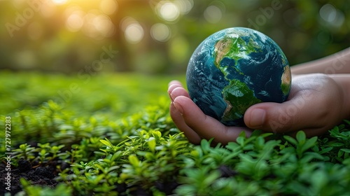 A woman's hands with a miniature of the planet Earth next to fresh green grass.