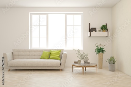 White living room with sofa. Scandinavian interior design. 3D illustration