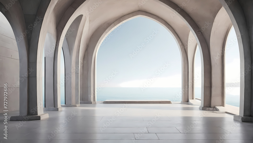 Clean and simple 3D arches with a concrete texture forming a balanced composition.