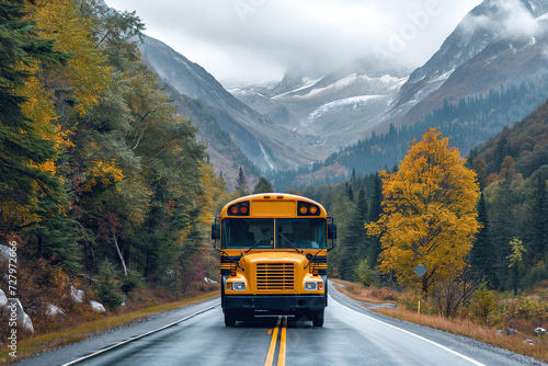 Yellow school bus on serene road photo