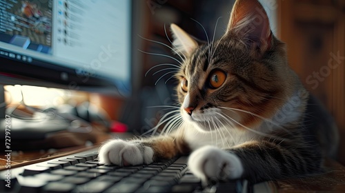 Cute kitten lying on computer keyboard.