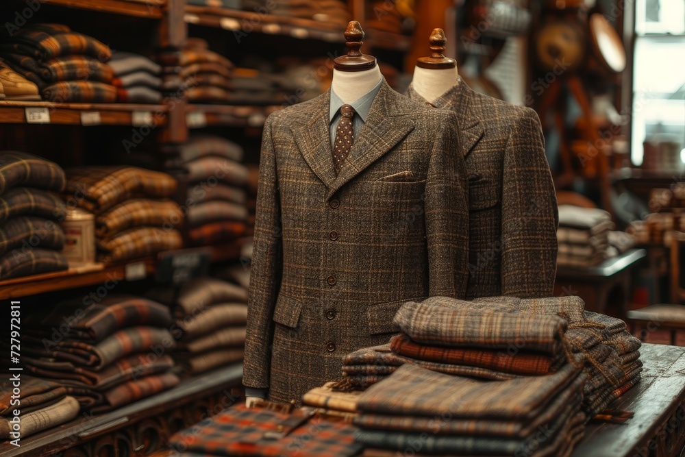 A well-dressed miniature person stands proudly on a clothing shelf in an indoor store, surrounded by neatly displayed suits and ties, creating a stylish and professional atmosphere A well-dressed miniature person stands proudly on a clothing shelf in an indoor store, surrounded by neatly displayed suits and ties, creating a stylish and professional atmosphere