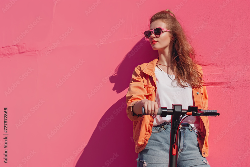 Young woman with electric scooter on pink background Young woman with electric scooter on pink background