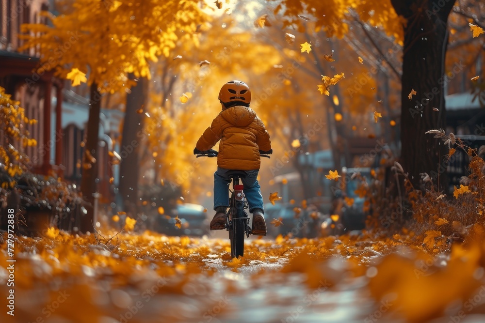 A young rider joyfully pedals through a golden path, surrounded by the vibrant hues of autumn and the freedom of a bicycle A young rider joyfully pedals through a golden path, surrounded by the vibrant hues of autumn and the freedom of a bicycle
