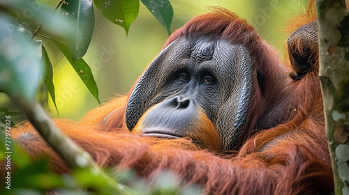 Close up of huge male Sumatran Orangutan
