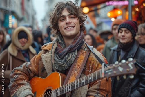 A street musician serenades passersby with his guitar, as he exudes a contagious joy and effortless style, dressed in a jacket that perfectly complements the outdoor backdrop
