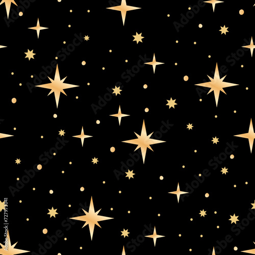 Golden Stars on Black Background Vector Seamless Pattern. Simple Night Starry Magic Astronomy Astrology Illustration.