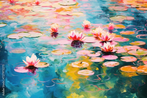 An exquisite painting showcasing water lilies in full bloom, peacefully floating in a serene pond, Monet's water lilies reinterpreted with bold colors, AI Generated